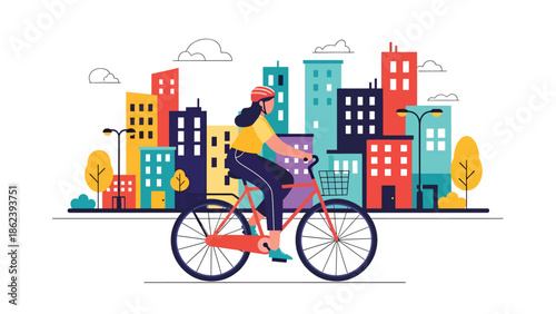 Modern vector illustration of young adult cycling through city street, sustainable transport, active urban living, and modern lifestyle concept