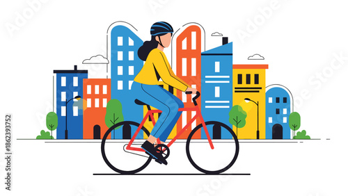 Modern vector illustration of young adult cycling through city street, sustainable transport, active urban living, and modern lifestyle concept
