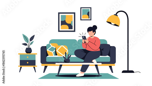 Modern vector illustration of person using smartphone on couch at home, digital lifestyle, connectivity, relaxation, and modern everyday living concept