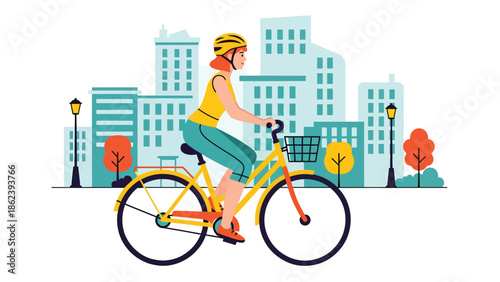 Modern vector illustration of young adult cycling through city street, sustainable transport, active urban living, and modern lifestyle concept