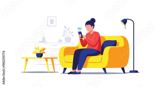 Modern vector illustration of person using smartphone on couch at home, digital lifestyle, connectivity, relaxation, and modern everyday living concept