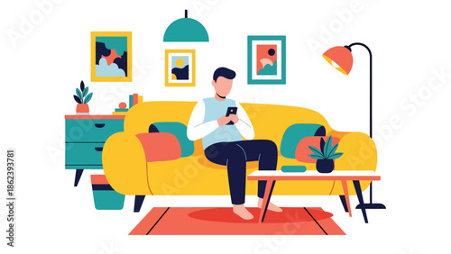 Modern vector illustration of person using smartphone on couch at home, digital lifestyle, connectivity, relaxation, and modern everyday living concept