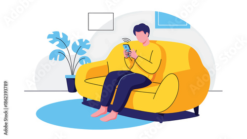 Modern vector illustration of person using smartphone on couch at home, digital lifestyle, connectivity, relaxation, and modern everyday living concept