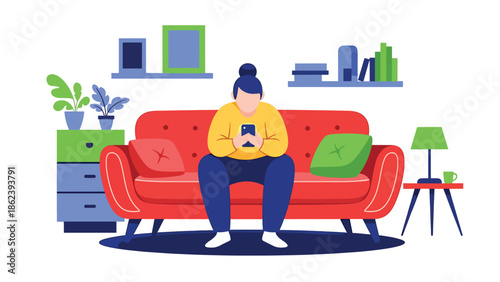 Modern vector illustration of person using smartphone on couch at home, digital lifestyle, connectivity, relaxation, and modern everyday living concept