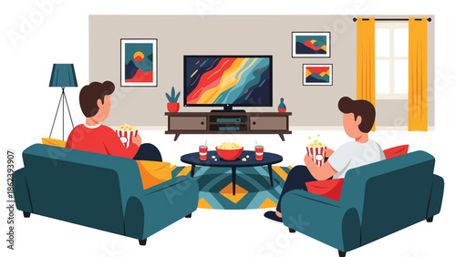 Modern vector illustration of friends watching movie together in living room, leisure entertainment, social bonding, and modern lifestyle concept