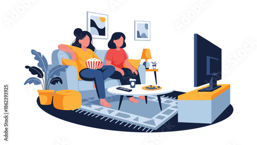 Modern vector illustration of friends watching movie together in living room, leisure entertainment, social bonding, and modern lifestyle concept