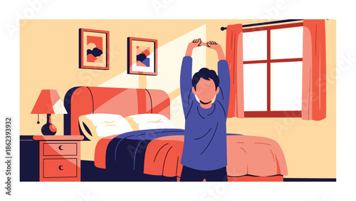 Modern vector illustration of person stretching after waking up in minimalist bedroom, morning routine, wellness, and modern lifestyle concept