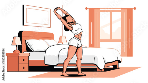Modern vector illustration of person stretching after waking up in minimalist bedroom, morning routine, wellness, and modern lifestyle concept