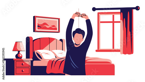 Modern vector illustration of person stretching after waking up in minimalist bedroom, morning routine, wellness, and modern lifestyle concept