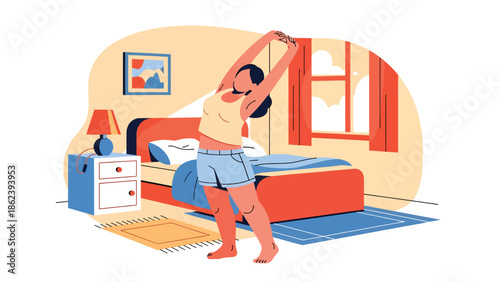 Modern vector illustration of person stretching after waking up in minimalist bedroom, morning routine, wellness, and modern lifestyle concept