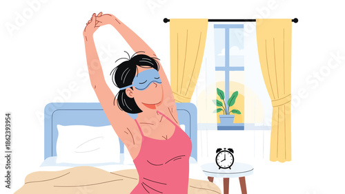 Modern vector illustration of person stretching after waking up in minimalist bedroom, morning routine, wellness, and modern lifestyle concept