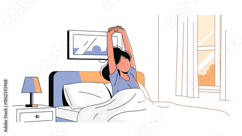 Modern vector illustration of person stretching after waking up in minimalist bedroom, morning routine, wellness, and modern lifestyle concept
