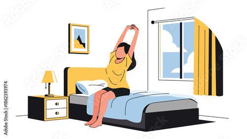 Modern vector illustration of person stretching after waking up in minimalist bedroom, morning routine, wellness, and modern lifestyle concept
