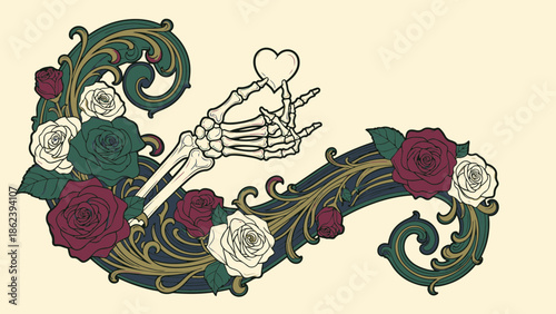 Ornate Skeleton Hand Holding Heart Amidst Blooming Roses and Scrolls for a Distinctive Valentine Theme