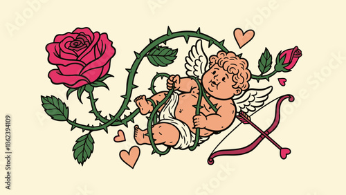 Whimsical illustration of Cupid with a vibrant rose and arrows, perfect for Valentine's romantic themes