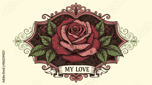 Exquisite Hand-Drawn Vintage Red Rose for Valentine's Day Celebrations and Romantic Gestures