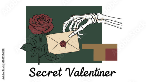 Enigmatic Valentine's gesture featuring a skeleton hand delivering a heartfelt message and a red rose