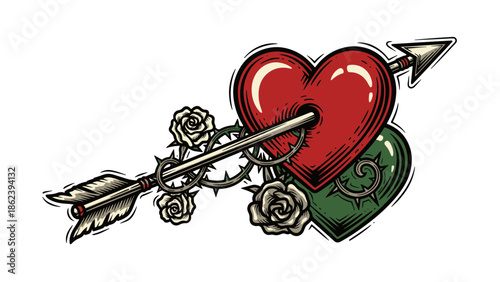 Classic Valentine's Day illustration of entwined hearts pierced by cupid's arrow, adorned with thorny roses