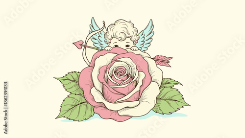 Charming Cupid Peeking from a Beautiful Rose with Bow and Arrow for Valentine's Day Romance