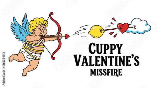 Amusing Valentine's Day misfire A whimsical Cupid shoots a lemon instead of a heart, playfully missing the mark