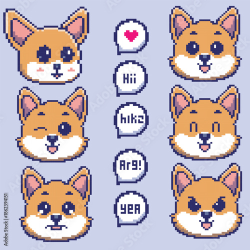 Cute Pixel Art Wolf Emoji Sticker Set with Expressions and Chat Bubble's perfect for sticker pack for messaging apps, emoji set for social media.