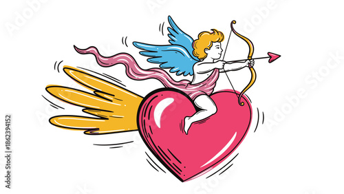 Charming Cupid Soaring on a Vibrant Pink Heart, Aiming a Love Arrow for a Sweet Valentine's Day Romance