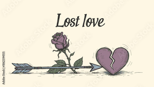 A melancholic Valentine's scene broken heart, wilting rose, and arrow, symbolizing lost love