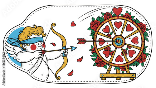 Adorable blindfolded Cupid takes precise aim at a beautiful rose and heart-filled wheel on Valentine's Day
