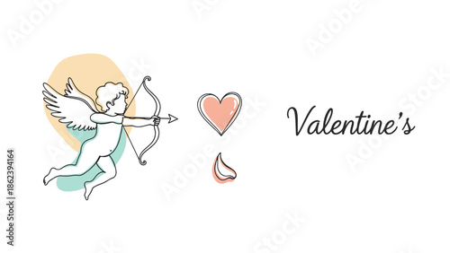 Charming line art of an angelic Cupid aiming for a heart, capturing the spirit of Valentine's affection