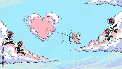 Sweet Valentine's Day Illustration with Cupid, Cloud Heart, and Blooming Roses in a Dreamy Sky