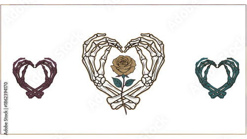 Elegant Gothic Valentine Skeletal Hands Artfully Forming Hearts and Holding a Golden Rose Emblem