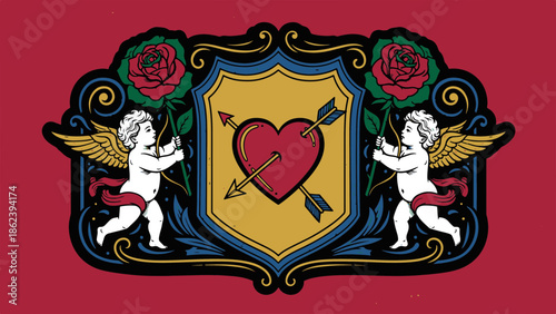 Regal Valentine Emblem Cherubs, Hearts, and Roses for a Timeless Celebration of Love and Romance
