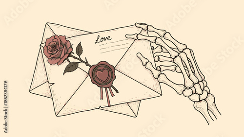 Eternal Valentine message Skeleton hand holds romantic love letter adorned with a blooming rose and heart seal