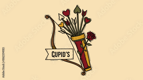 Expressive Valentine's illustration of a romantic bow and quiver filled with heart-tipped arrows, symbolizing deep affection