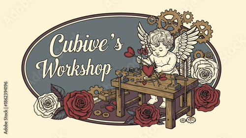 Whimsical Cherub's Enchanting Workshop Crafting Hearts for a Romantic Valentine's Day Celebration