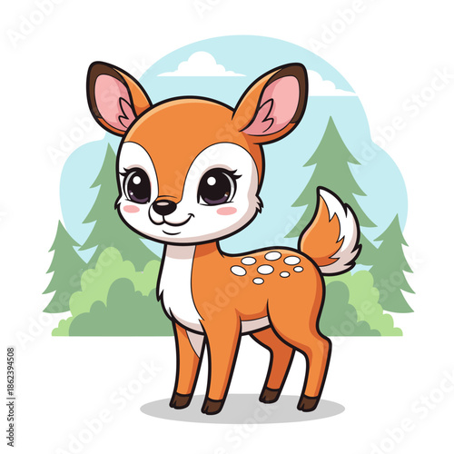 Cute cartoon fawn illustration, adorable baby deer character standing in a forest landscape, woodland animal vector for kids.