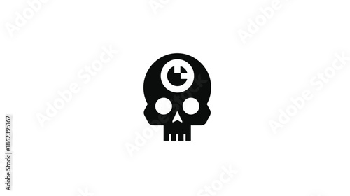 Stylized black skull icon with abstract circular target symbol on forehead. Modern digital graphic representing danger, gaming, or mortality.
