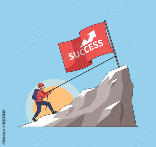 Man climbing mountain planting success flag.