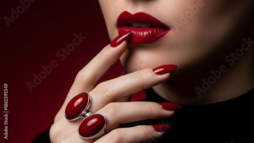 Woman with red lips and nails on valentine's day with love and romance concepts