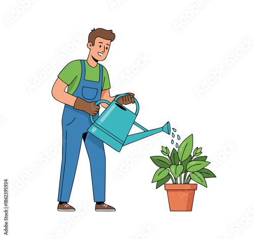 Man watering a potted plant with a watering can.