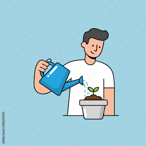 Man watering a small plant in a pot.