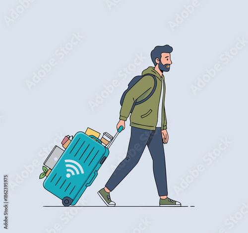 Man with luggage and Wi-Fi symbol.