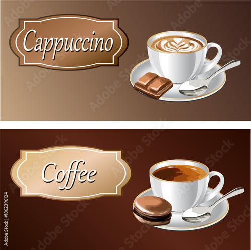 Banners with images of coffee cups on colored backgrounds.Set of vector banners with coffee and text on abstract backgrounds.
