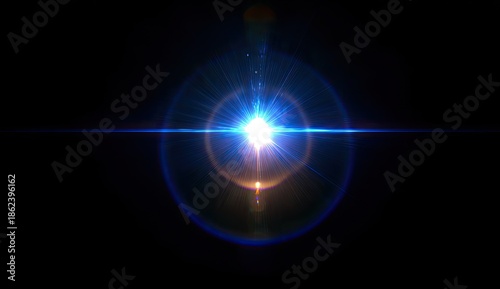 Bright light flare with blue and orange rays radiating outwards on a dark backdrop