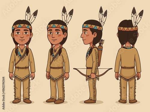 Native American Boy Character Design Front Side Back View.