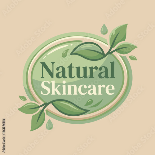 Natural Skincare Logo with Green Leaves and Drops.