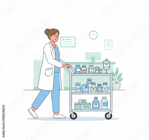 Nurse Pushing Medical Cart with Medications.