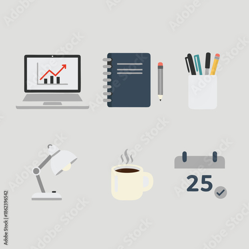Office supplies and desk items illustration.
