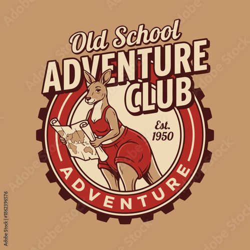 Old School Adventure Club Kangaroo with Map Emblem.