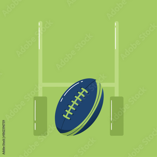 Rugby ball and goalposts on a green field.